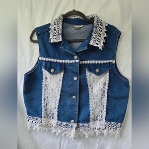 Peaches Uniforms Blue Denim Vest with White Lace Trim